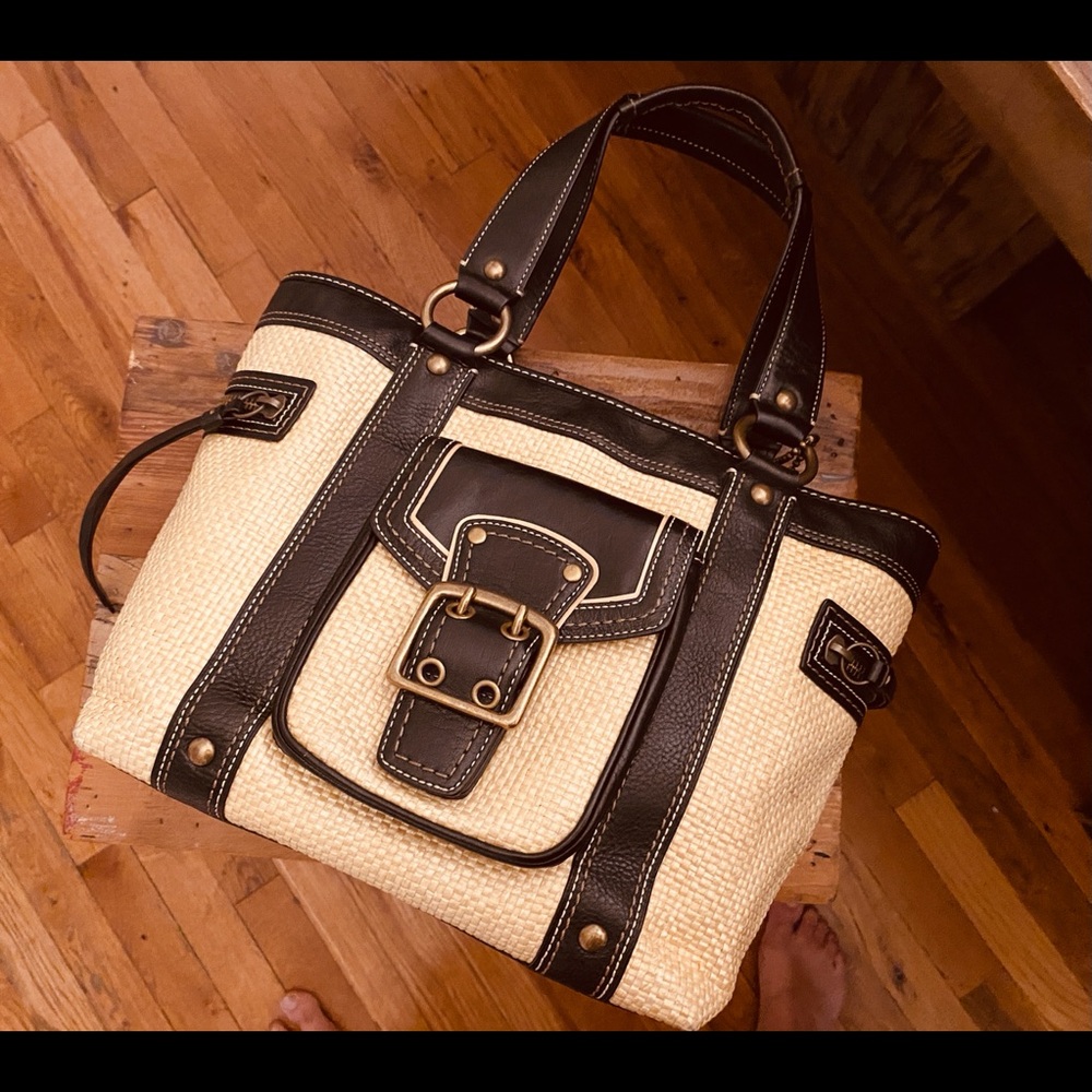 COACH Legacy Leather & Straw Spring Tote